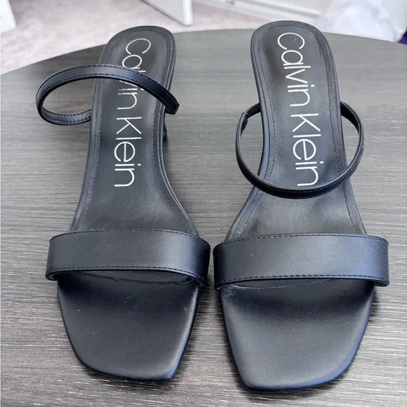Calvin Klein Black Minimal Strappy Square-Toe Heels - Picture 1 of 6